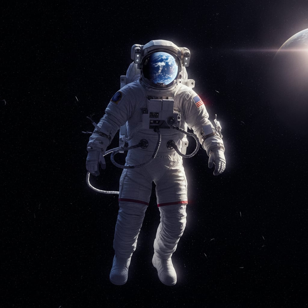 An astronaut adrift in space, Earth mirrored in the visor, hard directional sunlight, cinematic