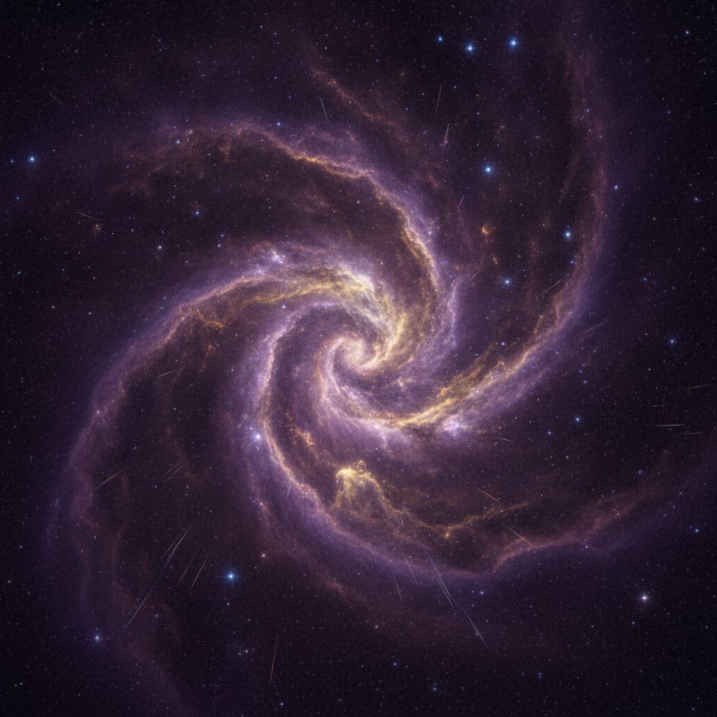 A cosmic nebula of swirling violet and gold gas, scattered distant stars, deep-space astrophotography